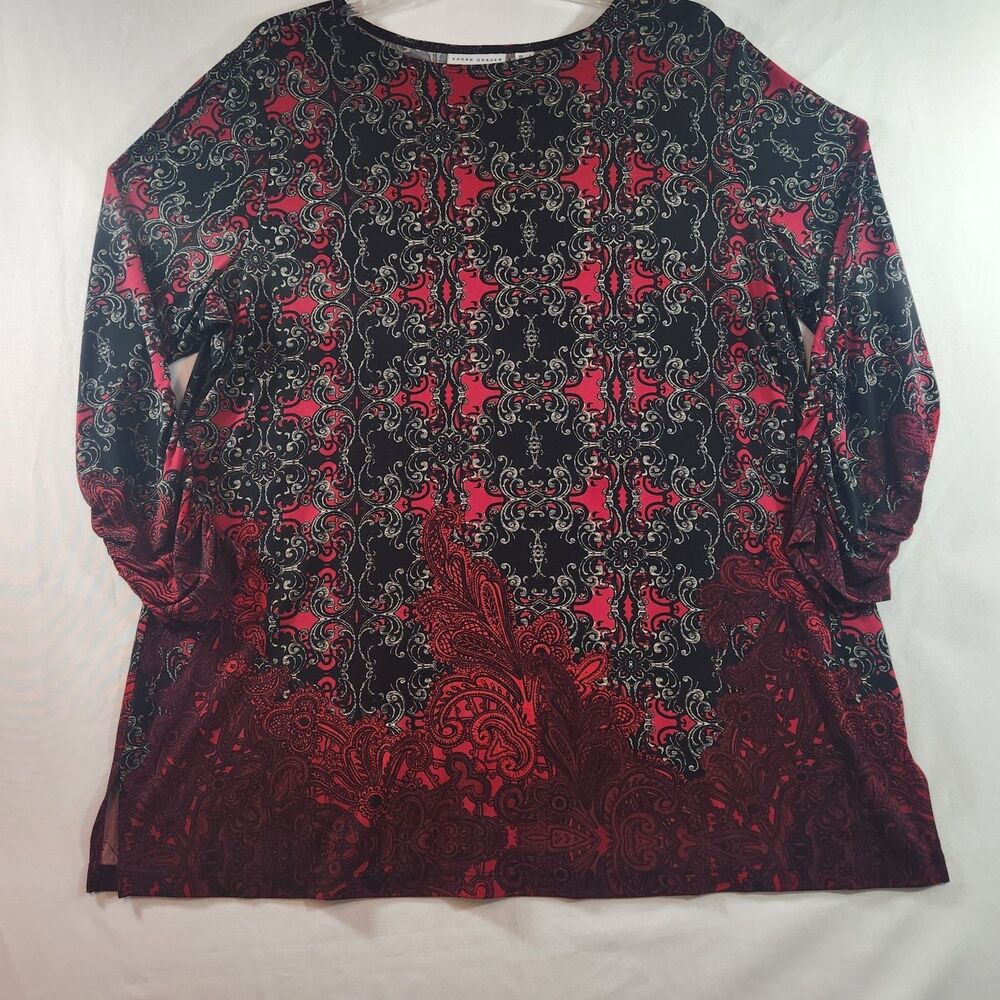 Susan Graver Liquid Knit Tunic Shirt Womens Large Black Red White Damask Pattern